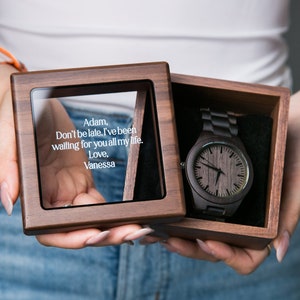 Engraved Wood Watch & Glass Top Walnut Gift Box - Mens 5th Anniversary Gift Husband, Wedding Gift Father of Bride Groom Dad Father's Day