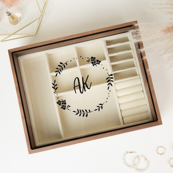 Large Women's Jewelry Box (Design 2) - Jewelry Organizer with Monogram Initial Floral Design, Unique Custom Gift for Women Mom Daughter Wife