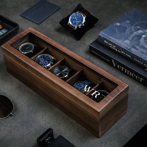 Large boîte à montres en bois (modèle 5) - Vitrine de montre pour homme à 5 emplacements avec couvercle personnalisé pour lui, 5e anniversaire de mariage, cadeau de lune de miel