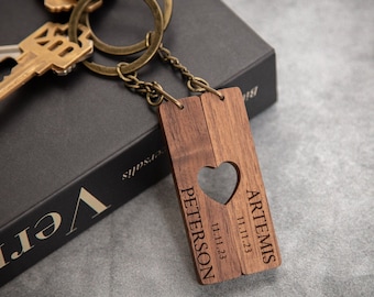 Wood Heart Keychain Set (Design 6) - Two Half Hearts Magnetic Keychains for Couples, Wedding Anniversary Husband Wife, BFF Gifts, Dad Gift