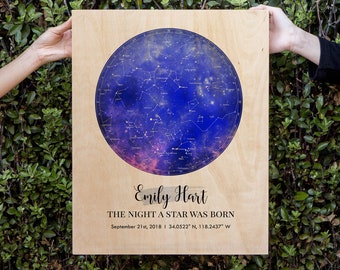 Star Map Printed on Wood of any Date - Actual View of the Stars of Any Date Birthday Astrology Zodiac Mother's Day Anniversary Couple Gift