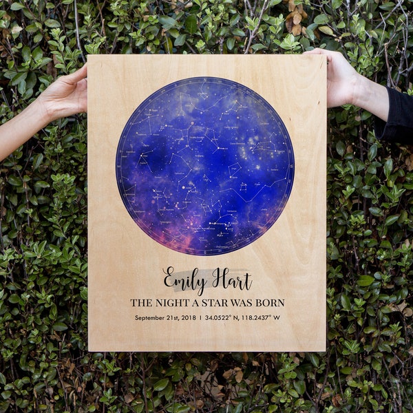 Star Map Printed on Wood of any Date - Actual View of the Stars of Any Date Birthday Astrology Zodiac Mother's Day Anniversary Couple Gift