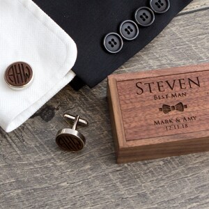 Wood Cufflinks & Tall Walnut Box SET - Custom Wedding Gift for Groomsmen Best Man Proposal, 5th Wood Anniversary Gift for Husband
