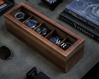 Wide Wood Watch Box (Design 5) - Mens 5 Slot Watch Display Case with Personalized Lid for Him 5th Year Anniversary Birthday Valentine's Gift