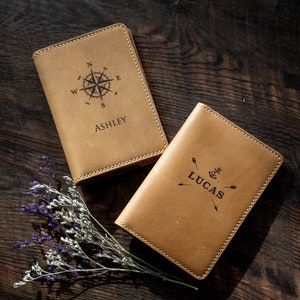 Leather Passport Cover - Engraved Holder, 3rd Leather Anniversary Gift for Husband Wife, Custom Travel Wallet, Weekend Trips, Teacher  Gift