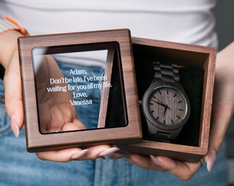 Engraved Wood Watch & Glass Top Walnut Gift Box - Mens 5th Anniversary Gift Husband, Wedding Gift Father of Bride Groom Dad Teacher