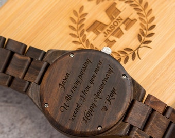 Engraved Wood Watch & Bamboo Gift Box (SET) - Mens Watch, 5th Anniversary Gift for Husband, Wedding Travel Gift for Groom, Dad Boyfriend Son