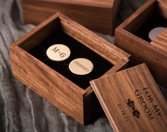 Metal Cufflinks & Tall Walnut Box SET - Custom Wedding Gift for Groomsmen Best Man Groom Father of the Bride, Husband Anniversary Gift