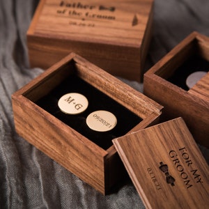 Metal Cufflinks & Tall Walnut Box SET - Custom Wedding Gift for Groomsmen Best Man Groom Father of the Bride, Husband Anniversary Gift