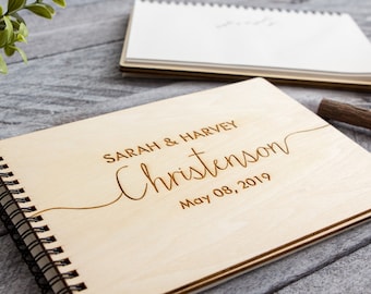 Spiral Guestbook - Engraved Wood Wedding Guest Book, Custom Signing Engagement Party Bridal Shower Event Signature Book Mother's Day Gift