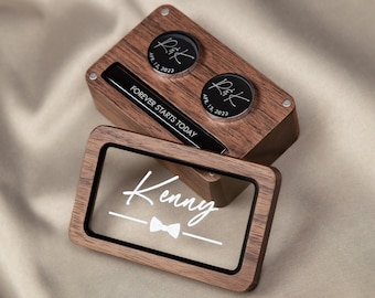 Engraved Metal Cufflinks, Tie Clip & Rec Gift Box w/ Glass Lid Set - Wedding Day Gift for Groom with Custom Name from Bride Groomsmen Favors