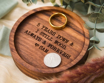 Engraved Round Wood Ring Dish - Custom Wooden Bedside Home Entry Table Tray, 5th Year Wooden Anniversary Unique Custom Message Gift
