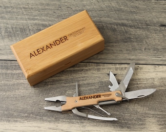 Personalized Multi-Tool w/ Optional Bamboo Box - Engraved Wood Knife Pliers, Wedding Gift Groom Groomsmen Husband Construction Worker