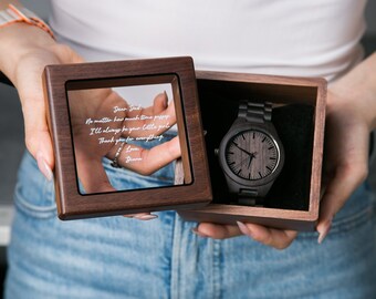 Engraved Wood Watch & Glass Top Walnut Gift Box - Mens 5th Anniversary Gift Husband, Wedding Gift Father of Bride Groom Dad Son Brother