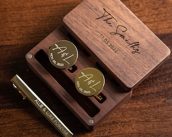 Engraved Metal Cufflinks, Tie Clip & Rectangle Gift Box Set - Wedding Party Groom Husband Birthday Anniversary Gift from Bride Gift from Mom