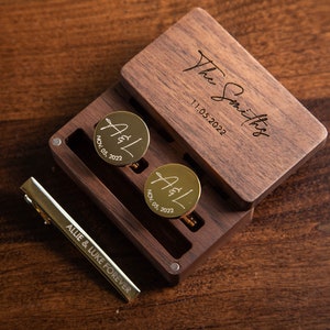Metal Cufflinks, Tie Clip & Rectangle Gift Box - Wedding Cuff links Groom Dad Groomsmen Brother, Anniversary Honeymoon Gift for Husband