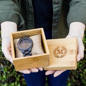 Engraved Wood Watch & Bamboo Gift Box - Mens Watch, 5th Wood Anniversary Gift for Husband, Wedding Day Gift for Father of Bride Groom