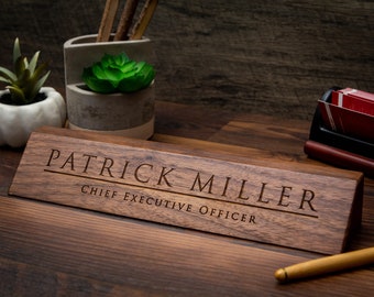 Wood Name Block (11.75") - Engraved Desk Sign, New Office or Promotion Gift, Work Job Title, Teacher Gift, Corporate Office Gift, Dad Gift