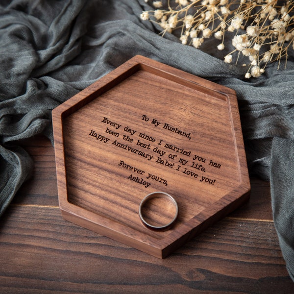 Hexagon Wood Tray - Engraved Modern Ring Dish Key Tray, Anniversary Wedding Day Gift Groom Bride Wife Husband