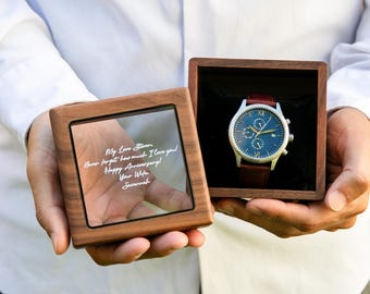 Engraved Metal Watch & Glass Top Walnut Gift Box (SET) - Mens Leather Monogram Personalized Birthday Custom Watches Husband Boyfriend Dad