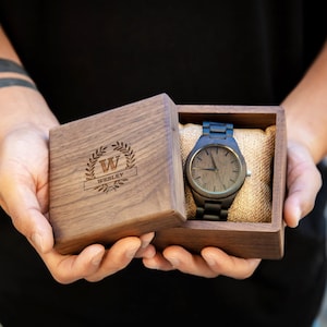 Engraved Wood Watch & Walnut Gift Box - Mens Watch, 5th Anniversary Gift Husband, Father of Bride Groom Dad Son Brother, Wedding Travel Gift