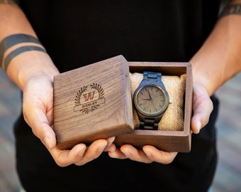 Engraved Wood Watch & Walnut Gift Box - Mens Watch, 5th Anniversary Gift Husband, Father of Bride Groom Dad Son Brother, 2024 Father's Day