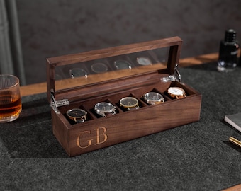 Engraved Wide Wood Watch Box (Front Initials) - Personalized Walnut 5 Slot Watch Organizer Custom Initials Display Case MCM Universal Gift