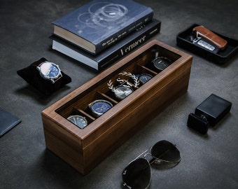 Wide Wood Watch Box (Design 3) - Personalized Mens Watch Storage Holder Case Custom Gift for Watch Enthusiasts Dad Fiance Husband Brother