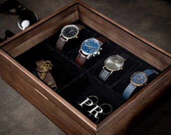 8x10 Wood Watch Box with Glass Lid (Design 3) - Modern Minimalist Gift for Watch Lovers Enthusiasts Gentlemen, Men's Jewelry Holder Case