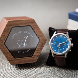 Metal Watch & Hexagon Watch Box w/ Glass Top (Set) - Mens Watch, Wedding Day Gift Groom Husband, Custom Box Father Dad Son Brother Best Man