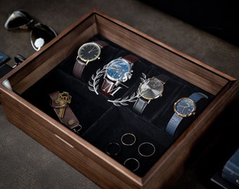 8x10 Wood Watch Box with Glass Lid (Design 10) - Wooden Jewelry Box with 4 Watch Slot Luxurious Black Velvet Insert Wedding Gift for Son