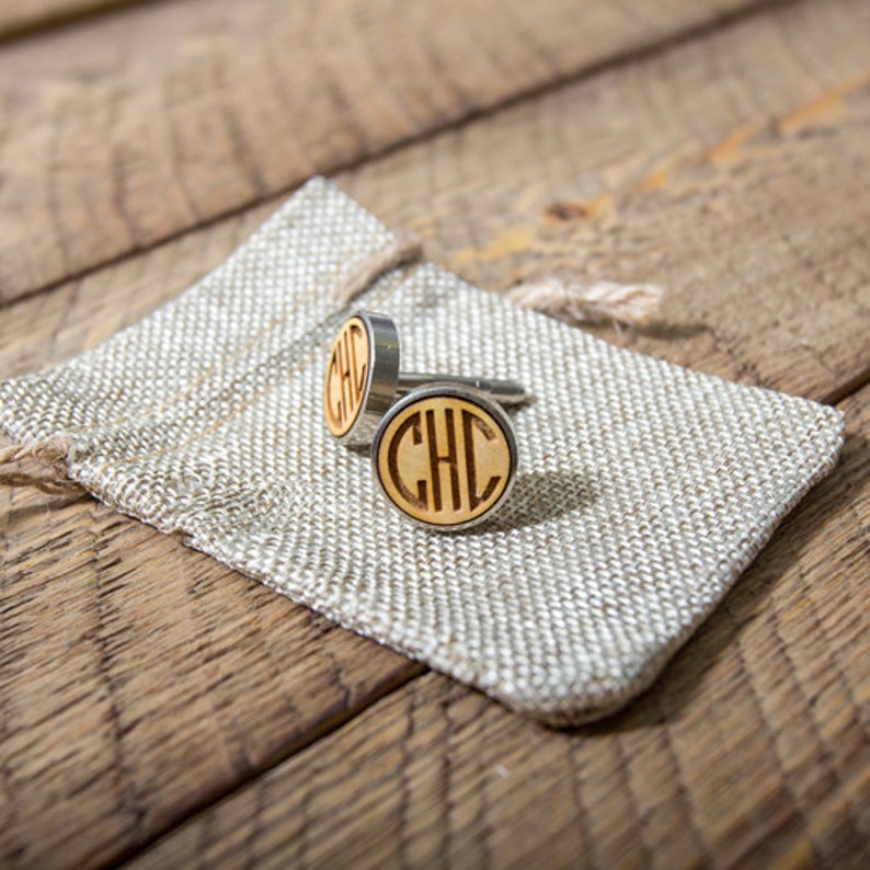 Monogram Wood Cuff links Wooden Wedding Cuff links Groom Dad Groomsmen, 5th Anniversary Wood Gift for Husband, Boyfriend, Father's Day image 3