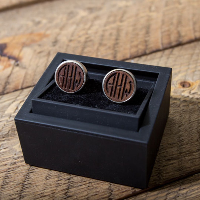 Monogram Wood Cuff links Wooden Wedding Cuff links Groom Dad Groomsmen, 5th Anniversary Wood Gift for Husband, Boyfriend, Father's Day image 5