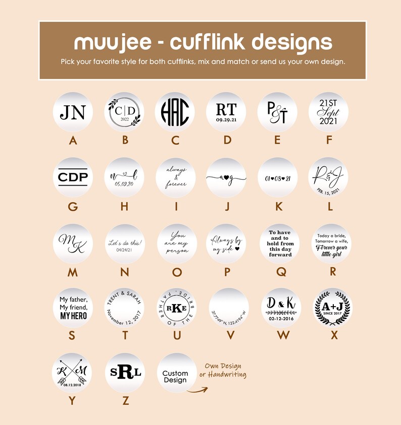 Puede incluir: Un gr&aacute;fico de 26 dise&ntilde;os diferentes de gemelos. Cada dise&ntilde;o es un c&iacute;rculo con un dise&ntilde;o diferente en su interior. Los dise&ntilde;os incluyen iniciales, fechas y otros mensajes personales. El gr&aacute;fico est&aacute; etiquetado con las letras A a la Z.