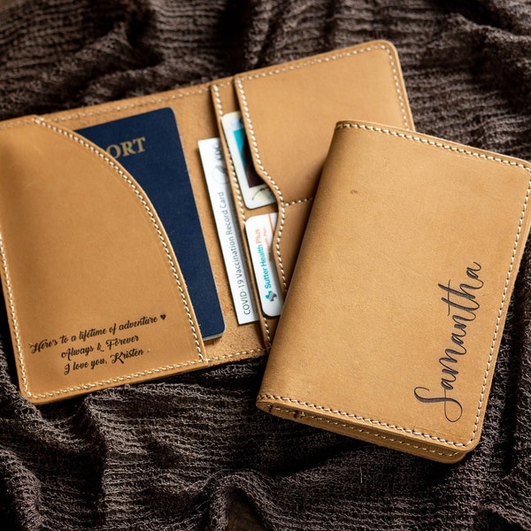 Leather Passport Cover - Engraved Passport Holder, 3rd Wedding Anniversary Retirement Our Adventure Begins Gifts, Custom Travel Wallet