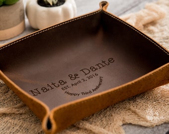 Engraved Anniversary Leather Valet Tray - 3 Year Gift Desk Side Table Key or Ring Tray Catchall, Wedding Engagement Couples