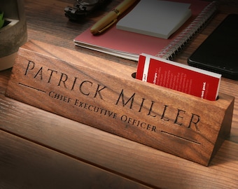 Wood Name Block with Business Card Holder - 10 inches Desk Sign, New Office or Promotion Gift, Work Job Title, Father's Day Teacher Gift