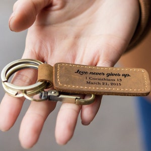 Leather Key Chain Engraved Keychain Custom 3rd Leather Wedding Anniversary Birthday Gift for Husband Wife Personalized Mother's Day Gift image 1