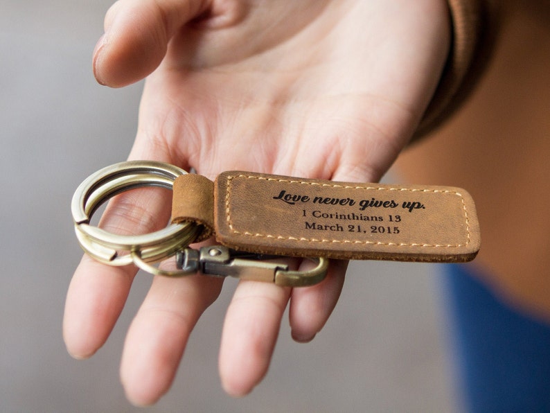 Leather Key Chain Engraved Keychain Custom 3rd Leather Wedding Anniversary Birthday Gift for Husband Wife Personalized Mother's Day Gift image 1