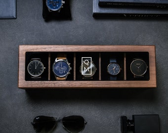 Wide Wood Watch Box (Design 9) - Personalized Monogram Watch Holder Display Case Gift Box for Boyfriend Father Husband Groom Fiance Brother