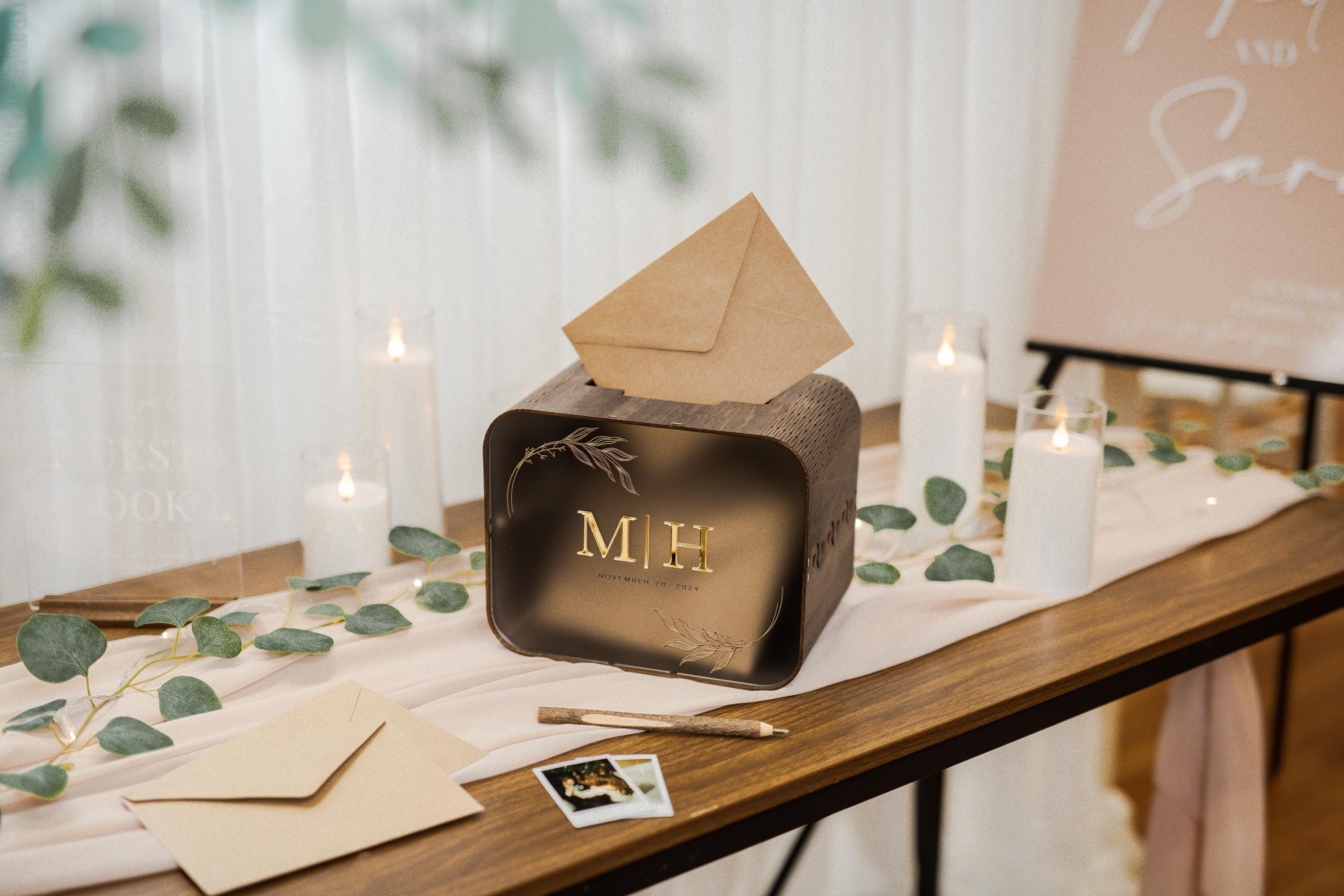 Ash Brown Wood & Acrylic Wedding Card Box (design 13) - 3D Gold Mirror ...