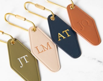 Embossed Diamond Leather Keychain (Initials) - Modern Key Rings, Custom Monogrammed Vintage Style Personal Hotel Motel Office Key Chains