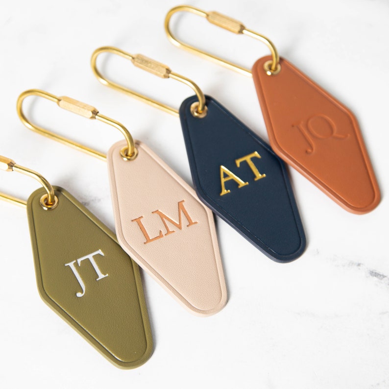 Embossed Diamond Leather Keychain Initials Modern Key Rings, Custom Monogrammed Vintage Style Personal Hotel Motel Office Key Chains image 1
