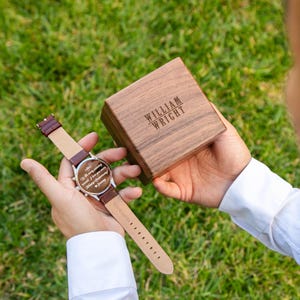 Engraved Metal Watch & Walnut Gift Box (SET) -  Mens Leather Watch Monogram Engraved Personalized Birthday Gifts Husband Boyfriend Dad Son