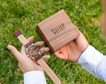 Engraved Metal Watch & Walnut Gift Box (SET) -  Mens Leather Watch Monogram Engraved Personalized Birthday Gifts Husband Boyfriend Dad Son