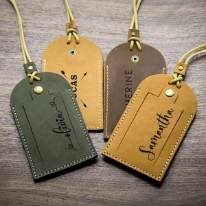 Engraved Leather Luggage Tag with Contact Info Card - Custom Travel Bag Name Gift for Birthday Honeymoon Retirement Graduation Goodbye Gifts