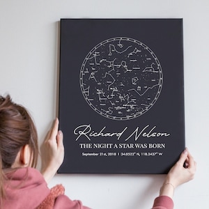 Carte des étoiles en toile noire - Art mural représentant n'importe quelle date, anniversaire petite amie et petit ami, anniversaire de mariage pour femme mari, cadeau premier anniversaire de bébé