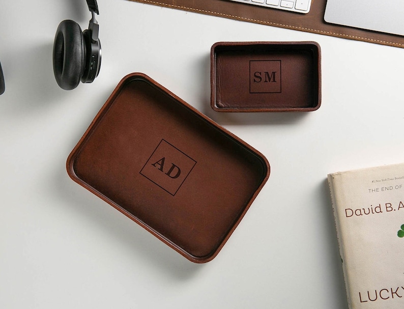 Vegetable Tanned Hard Leather Valet Design 7 Engraved Monogram EDC Tray for Men Groomsmen Husband Boyfriend Gift for Wedding image 3