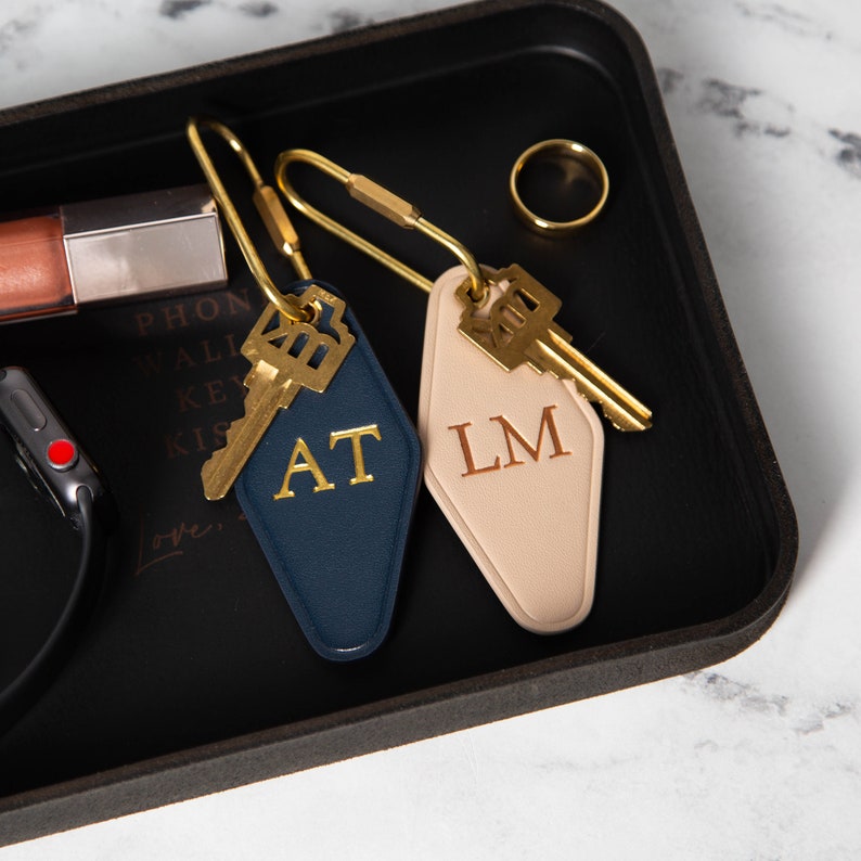 Embossed Diamond Leather Keychain Initials Modern Key Rings, Custom Monogrammed Vintage Style Personal Hotel Motel Office Key Chains image 2