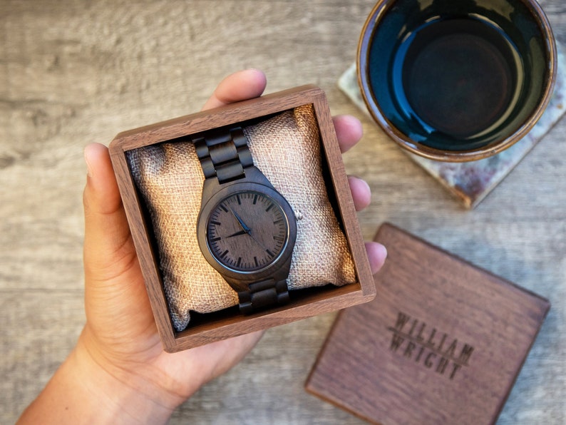Engraved Wood Watch & Walnut Gift Box Mens Watch, 5th Anniversary Gift Husband, Father of Bride Groom Dad Son Brother, 2024 Father's Day image 2